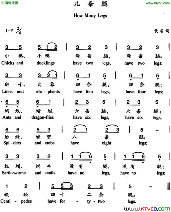 几条腿中英文对照简谱