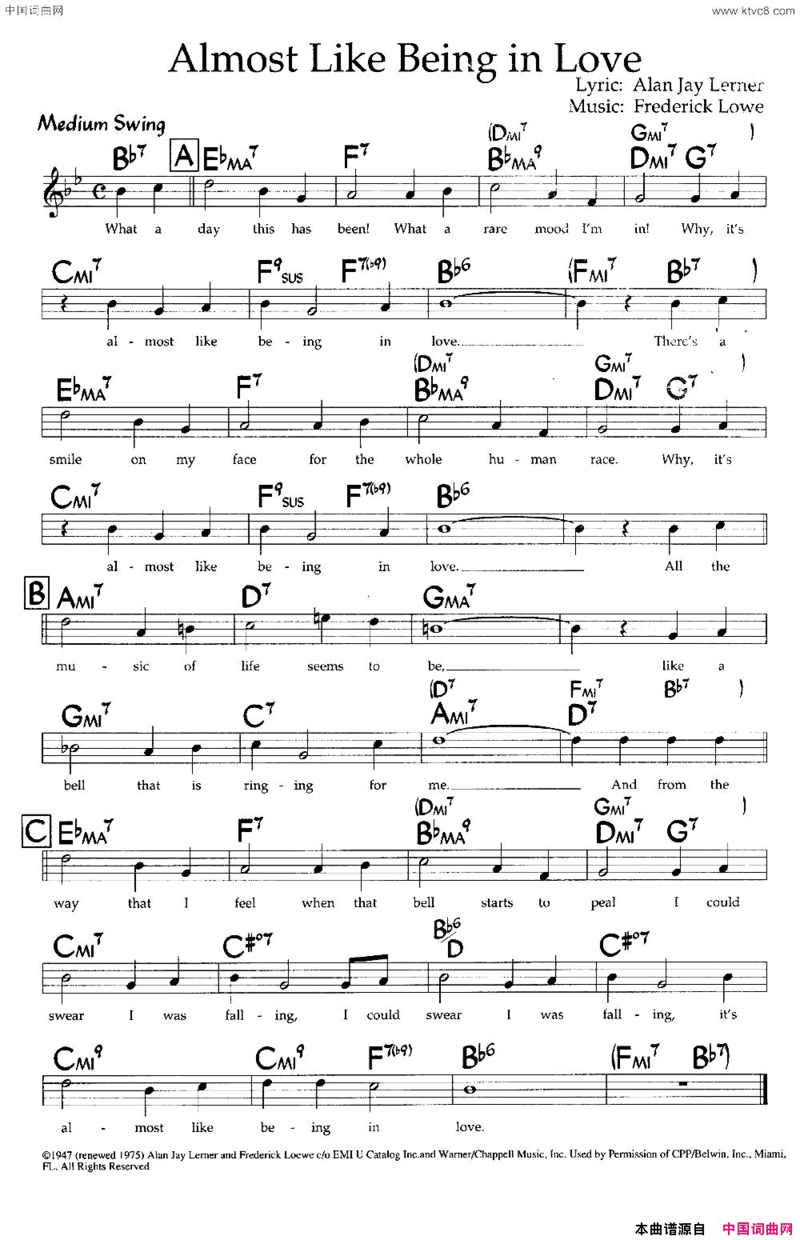 AlmostLikeBeinginLove带和弦五线谱Almost Like Being in Love带和弦五线谱简谱