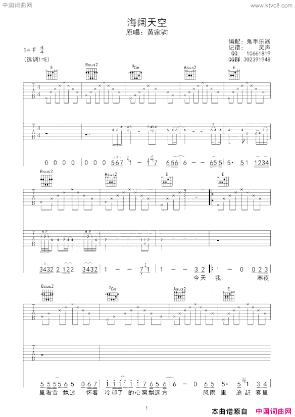 海阔天空鬼手乐器双吉他版海阔天空 鬼手乐器双吉他版简谱