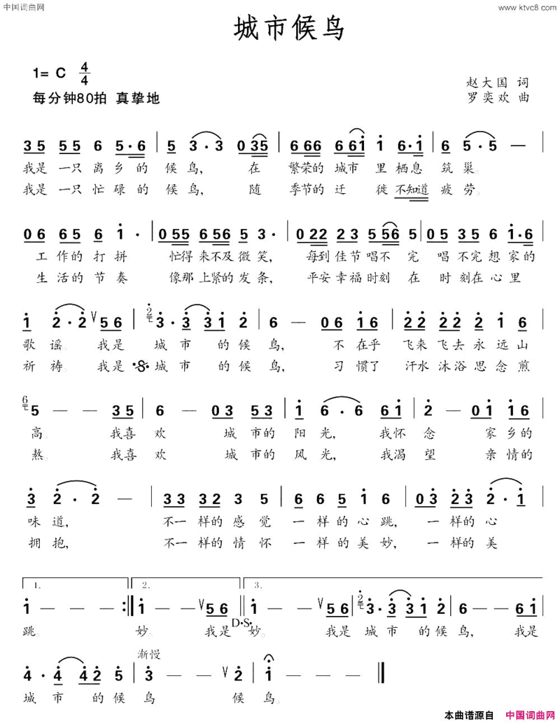 城市候鸟简谱