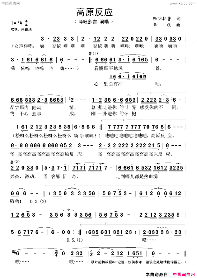 高原反应简谱