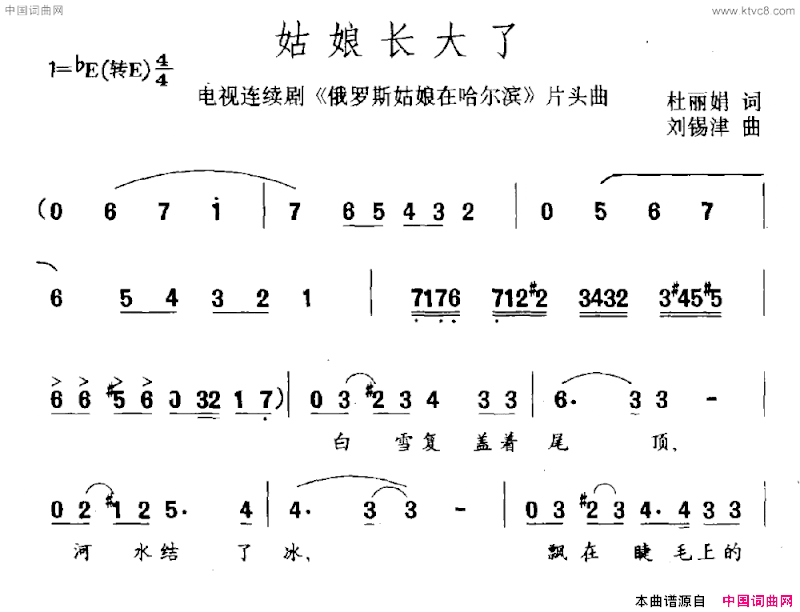 姑娘长大了连续剧《俄罗斯姑娘在哈尔滨》片头曲简谱