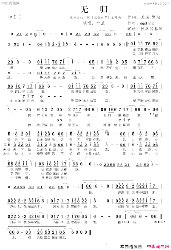 无归东方玄幻小说《完美世界》主题曲简谱