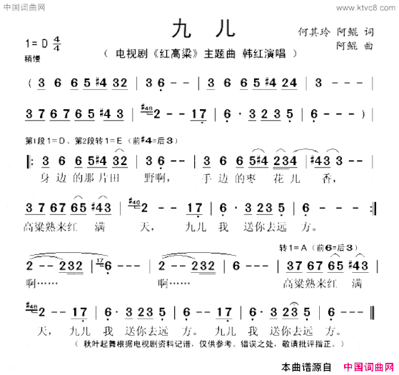 九儿电视剧《红高粱》主题曲简谱