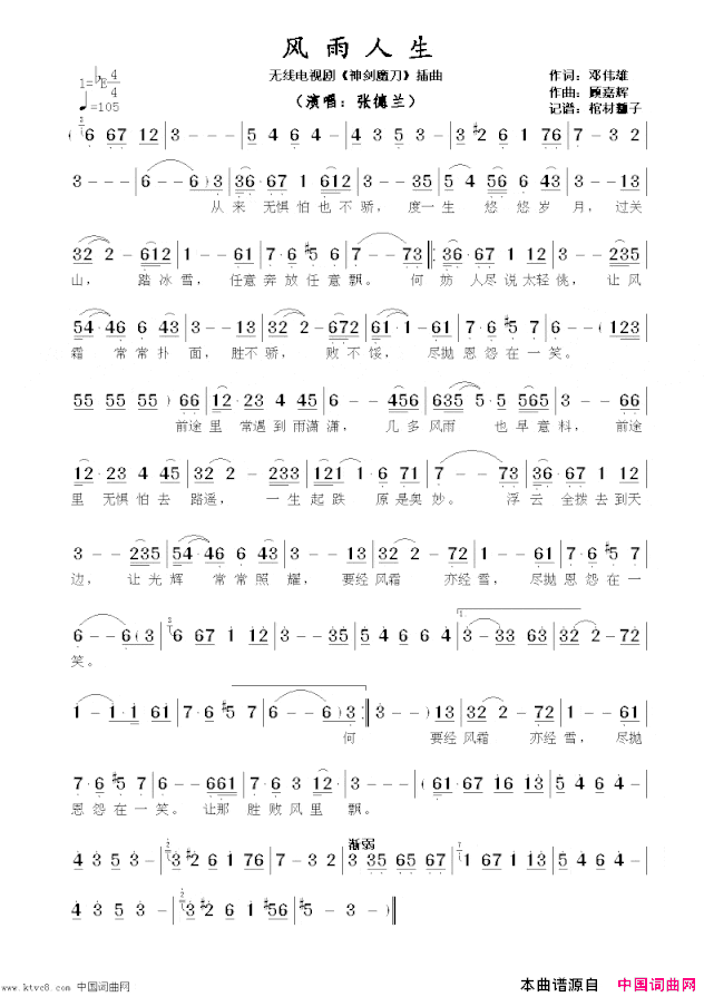 风雨人生无线电视剧《神剑魔刀》插曲简谱