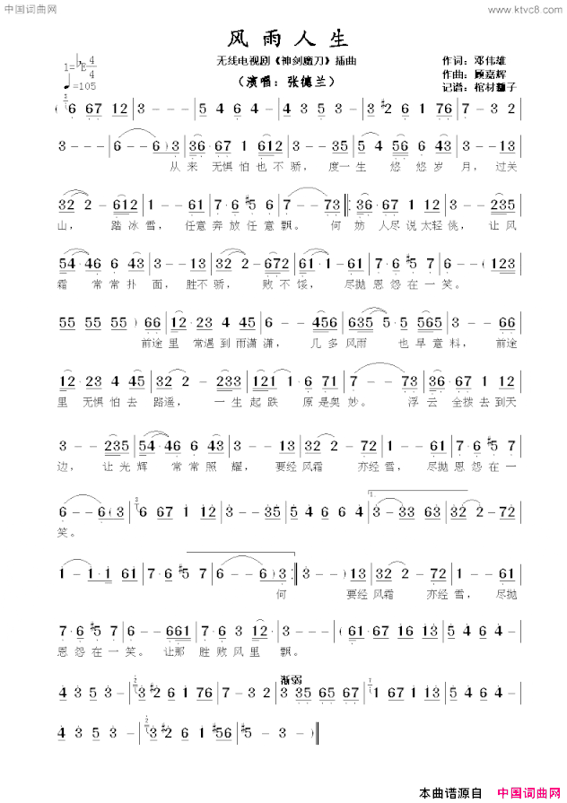 风雨人生无线电视剧《神剑魔刀》插曲简谱